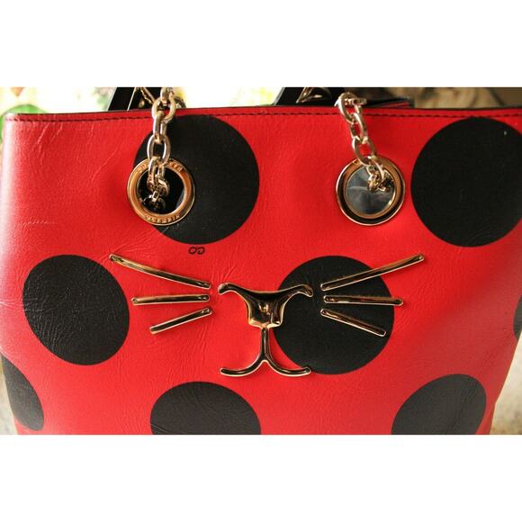 Charlotte Olympia Red Black Polka Dot Kitty Cat Chain Leather Backpack - Picture 9 of 12